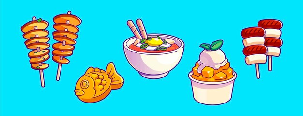 Comida callejera coreana de dibujos animados de colores