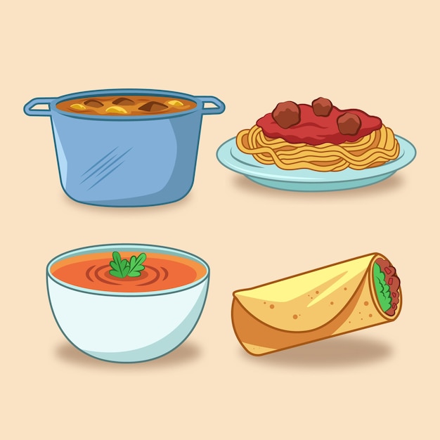 Vector gratuito comida casera, espagueti y sopa
