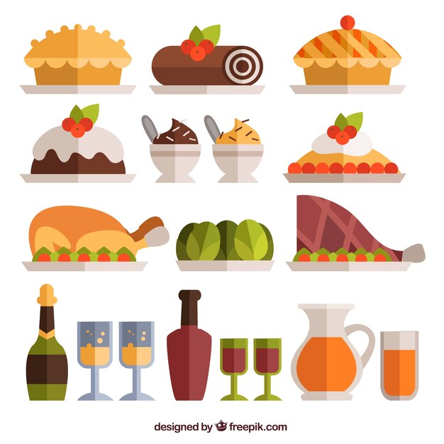 Comida de cena de navidad en diseño plano