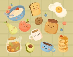 Vector gratuito comida de desayuno divertida con conjunto de ilustración de dibujos animados de caras. gachas lindas, frutas, bayas, huevo cocido, personajes de galletas. tazas de café, té y tetera. comida, concepto de rutina matutina
