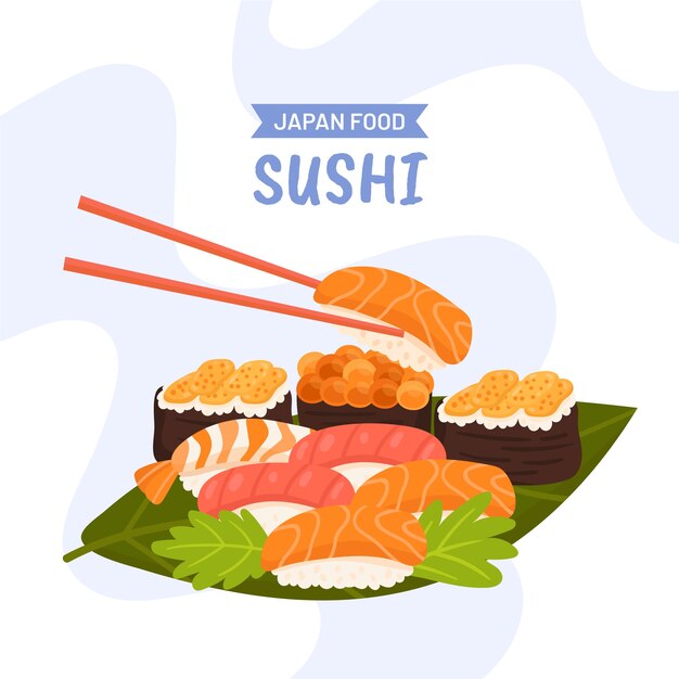 Comida japonesa de diseño plano dibujado a mano