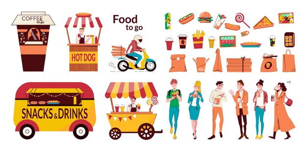 Comida para llevar conjunto plano de bocadillos y bebidas camión y carrito de helados hot dog street shop ilustración vectorial aislada