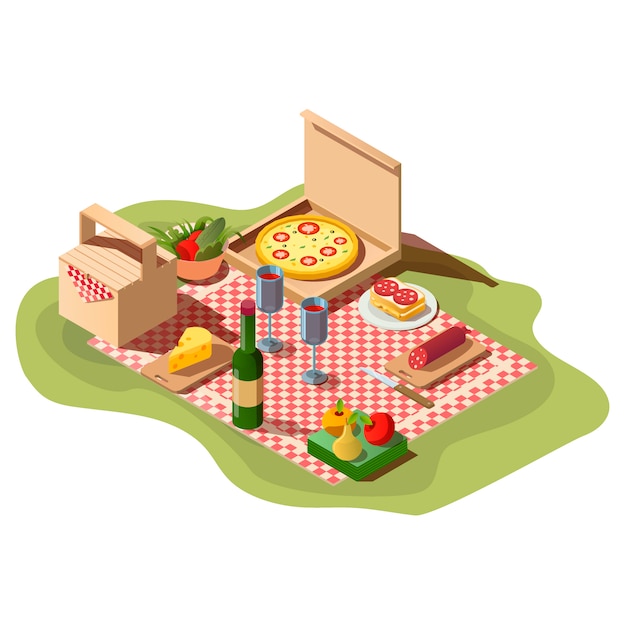 Vector gratuito comida de picnic isométrica, caja de pizza, vino y cesta.