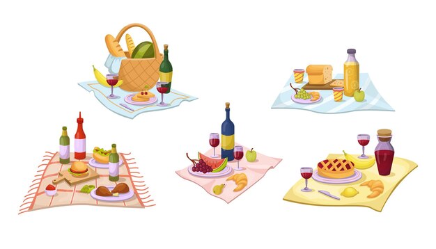 Comida para el picnic de verano en el juego de ilustración de dibujos animados de mantel. Botellas de vino, postres, bocadillos, bebidas alcohólicas, pan, hamburguesas, sándwiches de queso, sandía sirviendo en la cubierta de la mesa. concepto de comida