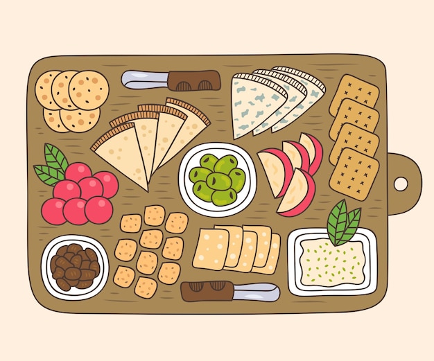 Comida de queso dibujada a mano en tablero de madera