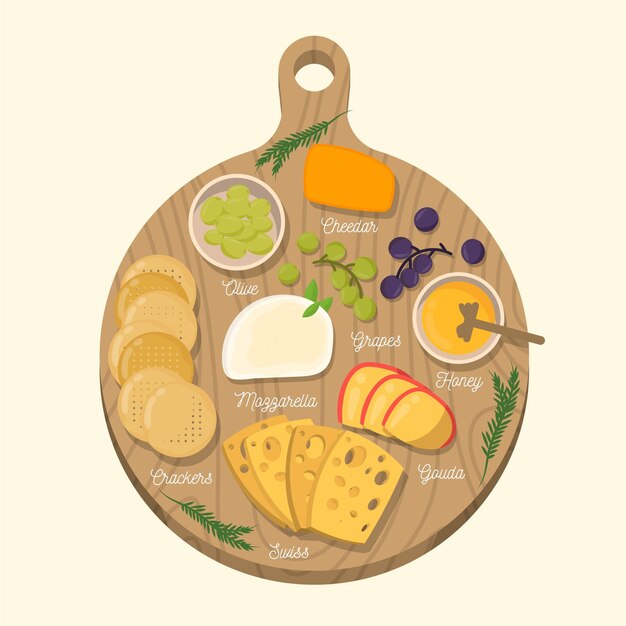 Comida de queso sobre tabla de madera ilustrada