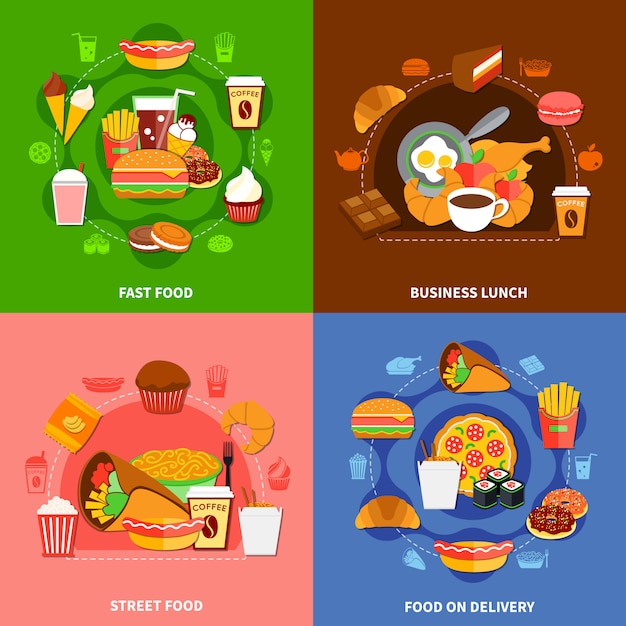 Vector gratuito comida rápida 4 iconos planos cuadrados