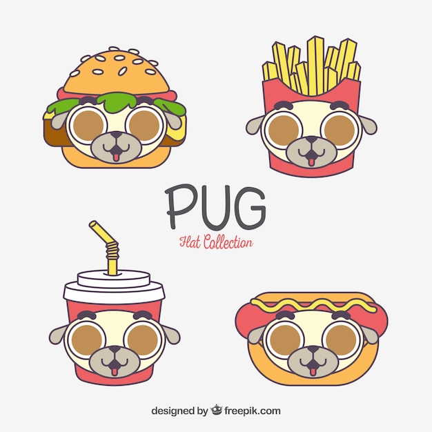 Vector gratuito comida rápida con caras de pugs