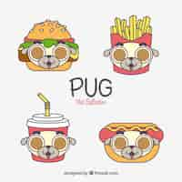 Vector gratuito comida rápida con caras de pugs