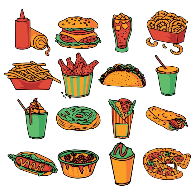 Vector gratuito comida rápida restaurante colección de iconos de menú