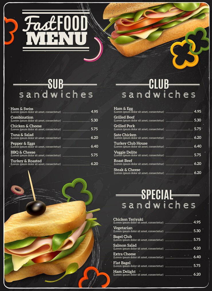 Vector gratuito comida rápida sandwiches menú publicidad cartel
