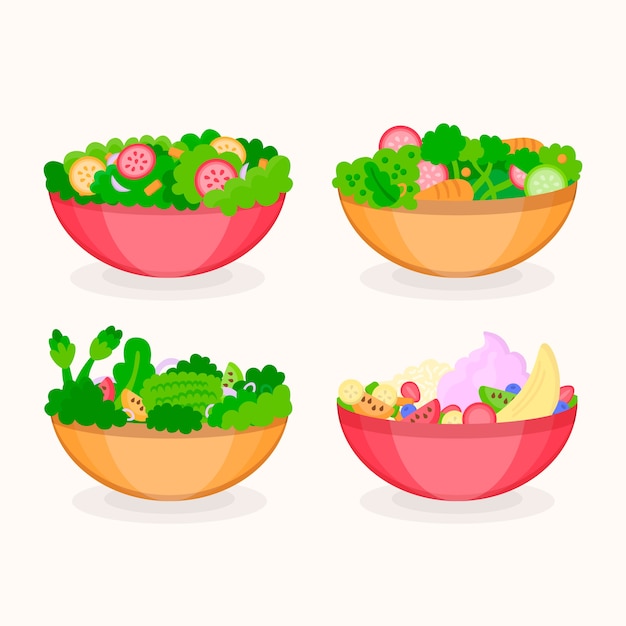 Comida sana en cuencos de diferentes colores