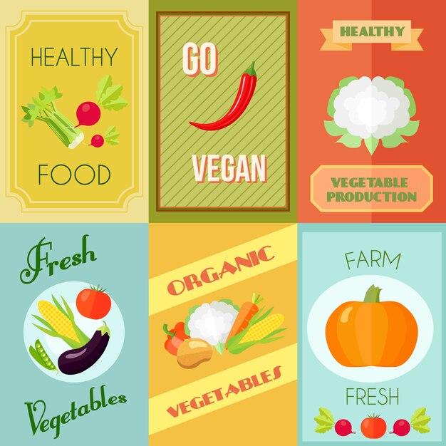 La comida sana vegana y el mini cartel vegetariano fijaron con las verduras frescas de la granja aislaron el ejemplo del vector