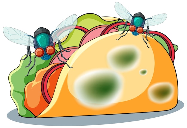 Vector gratuito comida de taco en descomposición con mosca y moho