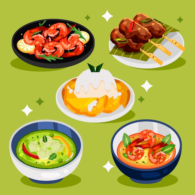 Comida tailandesa de diseño plano