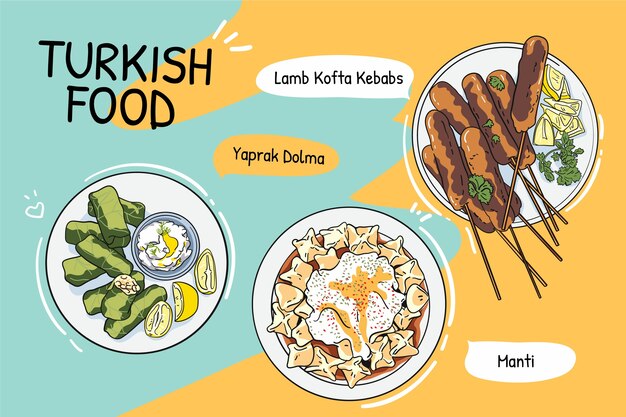 Comida turca de diseño plano dibujado a mano