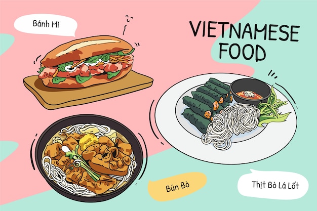 Vector gratuito comida vietnamita dibujada a mano