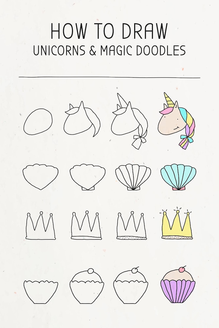 Vector gratuito cómo dibujar unicornio y garabatos mágicos tutorial