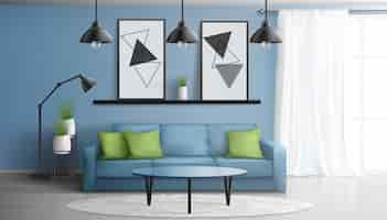 Vector gratuito cómoda casa o apartamento con sala de estar, interior moderno de vector realista en 3d con sofá suave, mesa de centro de vidrio, pinturas en la pared, alfombra blanca en piso laminado, ilustración de ventana grande