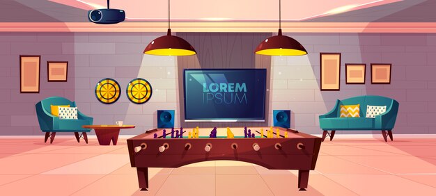 Cómoda sala de recreación para el ocio familiar en el vector de dibujos animados del sótano de la casa con sillón y sofá suaves