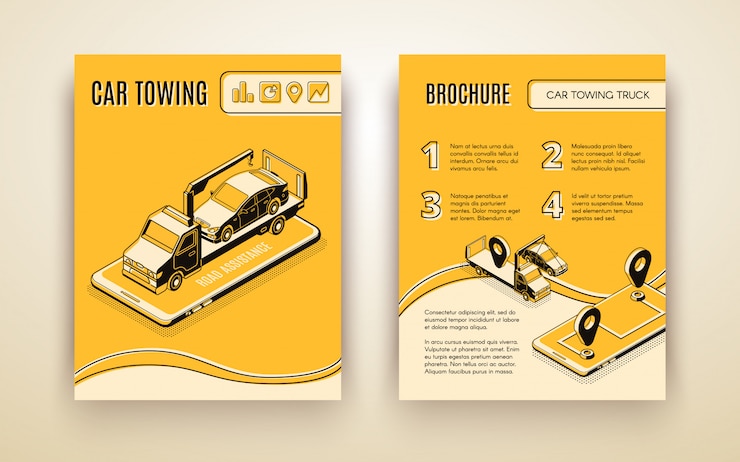 Vector gratuito compañía de remolque de automóviles, asistente de carretera, servicio de reparación de automóviles, vector isométrico, folleto publicitario o libro