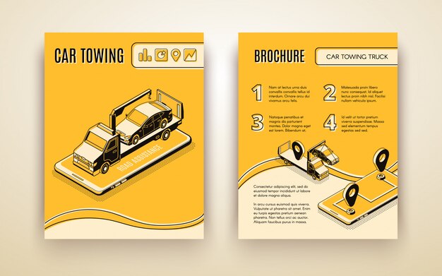 Compañía de remolque de automóviles, asistente de carretera, servicio de reparación de automóviles, vector isométrico, folleto publicitario o libro