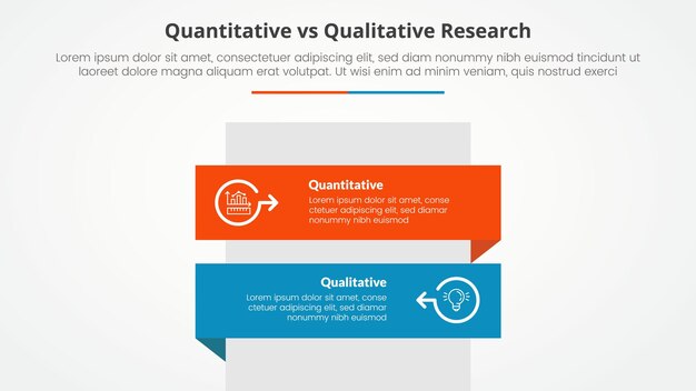 comparación de datos de investigación cuantitativa con cualitativa concepto infográfico opuesto para la presentación de diapositivas con caja rectangular pila vertical con estilo plano