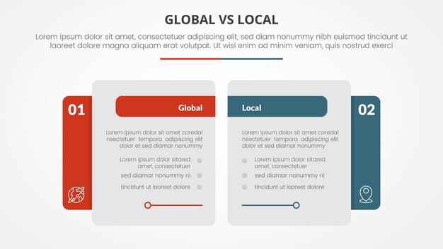 comparación global frente a local frente a concepto infográfico opuesto para la presentación de diapositivas con lado de mesa grande creativo con estilo plano
