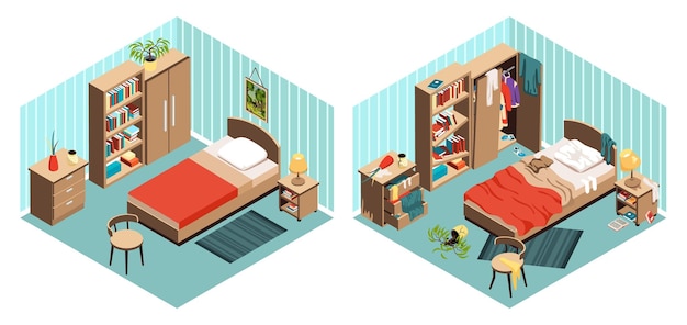 Comparación de interiores de sala de estar antes y después de limpiar objetos aislados ilustración vectorial isométrica