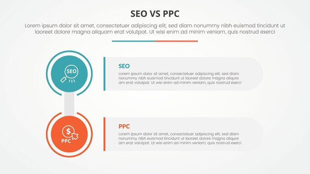 comparación de publicidad SEO vs PPC concepto infográfico opuesto para la presentación de diapositivas con gran círculo y rectángulo pila de cajas con estilo plano