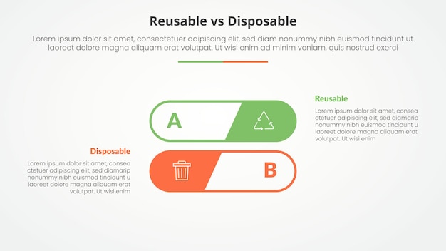 comparación reutilizable versus desechable opuesto concepto infográfico para la presentación de diapositivas con forma de pila de contorno redondo con estilo plano