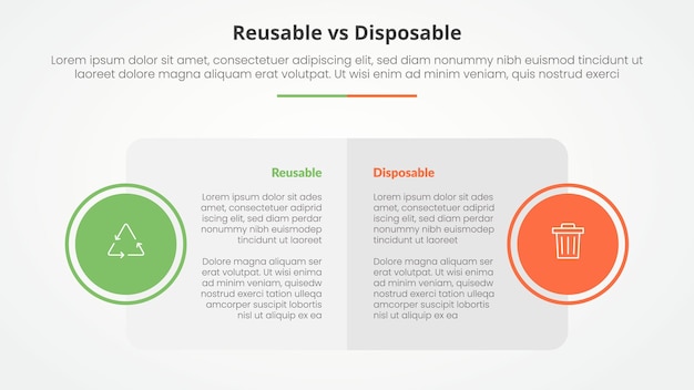 comparación reutilizable vs desechable opuesto concepto infográfico para presentación de diapositivas con mesa de caja grande y insignia de círculo en el lado con estilo plano