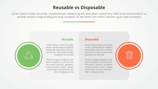 comparación reutilizable vs desechable opuesto concepto infográfico para presentación de diapositivas con mesa de caja grande y insignia de círculo en el lado con estilo plano