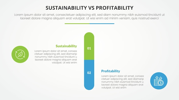 comparación de sostenibilidad versus rentabilidad opuesto concepto infográfico para la presentación de diapositivas con porcentaje de barra vertical redonda con estilo plano