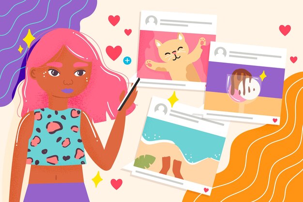 Compartir contenido en concepto de ilustración de redes sociales con mujer