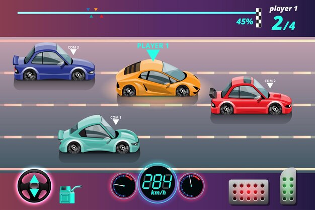 En la competencia del juego, el jugador continuo usó un automóvil de alta velocidad para ganar en el juego de carreras.