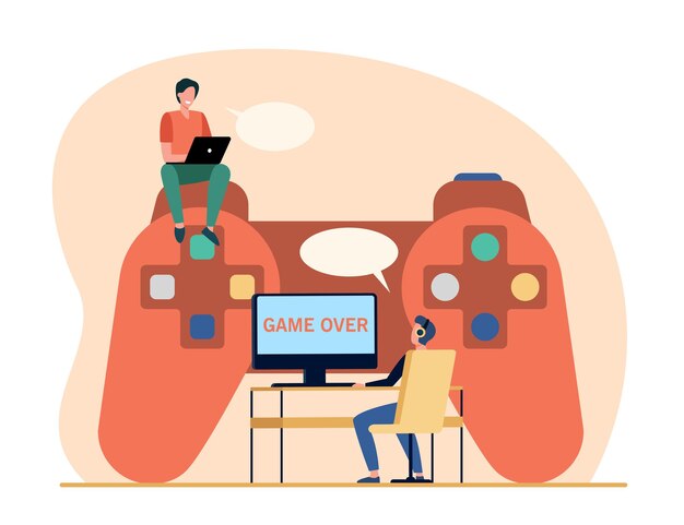 Competidores de ciberdeportes. Pequeños jugadores jugando juegos en línea en un controlador enorme