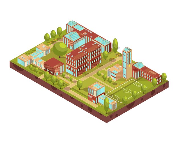 El complejo del diseño isométrico de los edificios universitarios modernos con el campo de fútbol árboles verdes pasillos y bancos vector ilustración