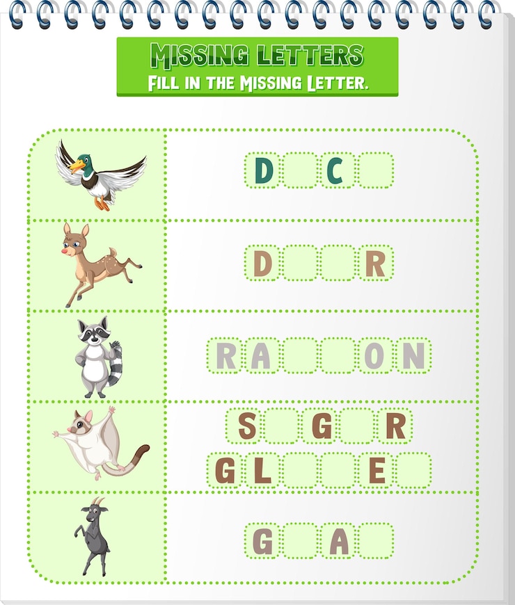 Vector gratuito complete la letra que falta en la hoja de trabajo de cada palabra para niños