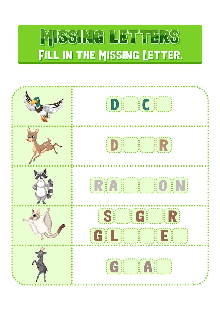 Vector gratuito complete la letra que falta en la hoja de trabajo de cada palabra para niños