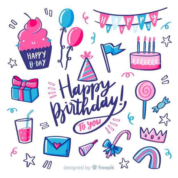 Composción adorable de cumpleaños dibujada a mano