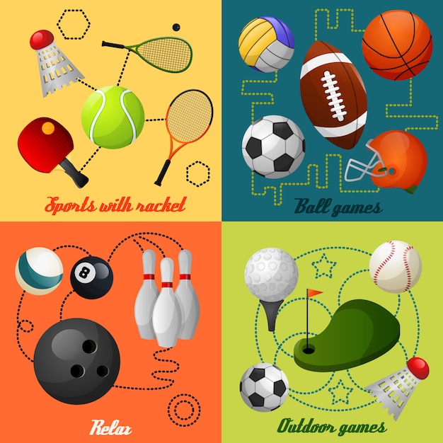 Vector gratuito composición de 4 iconos planos deportivos