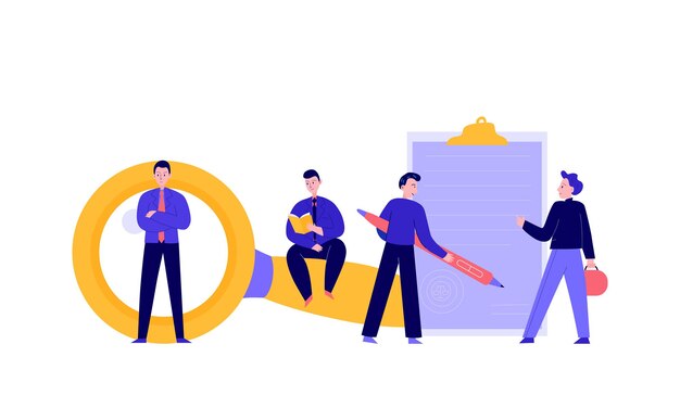 Composición de abogados con personajes humanos de estilo garabato y lentes de mano con ilustración de vector de papeleo
