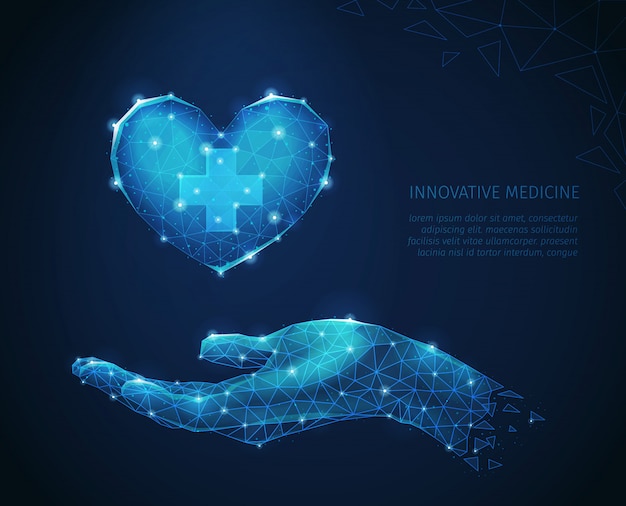 Composición abstracta de medicina innovadora con imágenes de trama poligonal de mano humana sosteniendo cuidadosamente la ilustración de vector de corazón