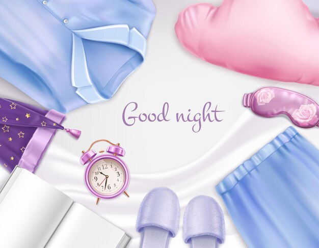 Composición de accesorios para dormir con pijamas, zapatillas, gorra, máscara, almohada, reloj despertador en hoja blanca, ilustración realista