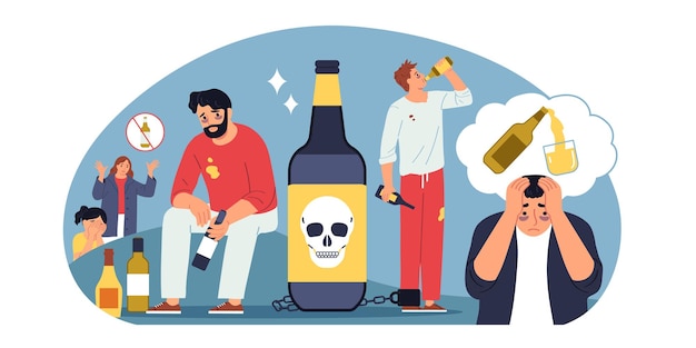 Vector gratuito composición de adicción con personajes humanos de garabatos de personas adictas que beben bebidas alcohólicas con signos de prohibición ilustración vectorial