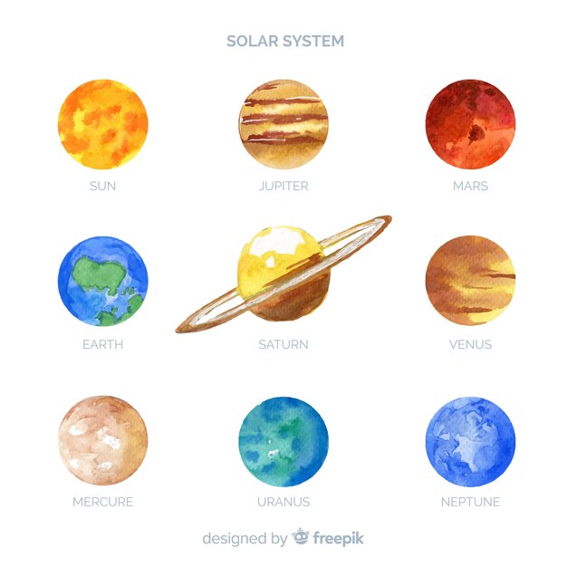 Composición adorable del sistema solar en acuarela