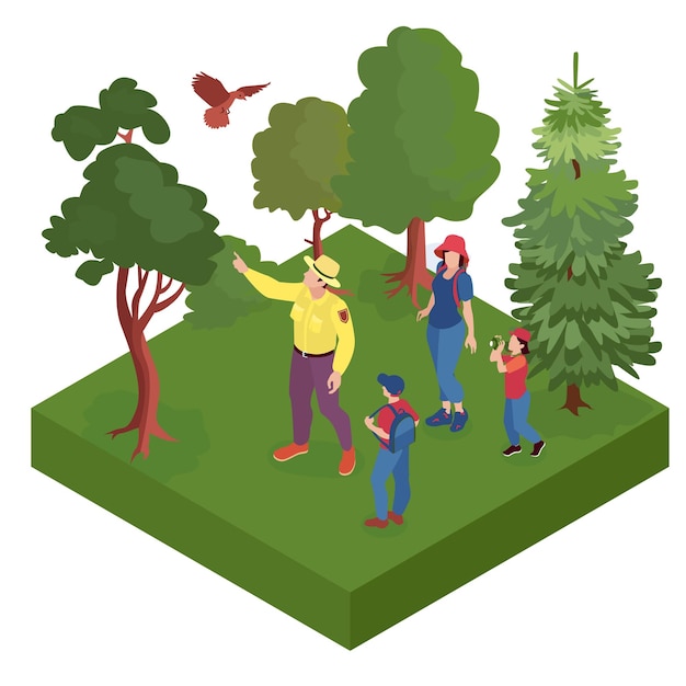 Vector gratuito composición aislada de guardabosques isométricos con un trozo aislado de bosque con árboles, pájaros y personas que caminan ilustración vectorial