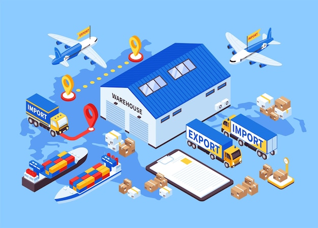 Composición aislada de importación de exportación isométrica con fondo de mapa mundial y edificio de almacén con múltiples vehículos de carga ilustración vectorial