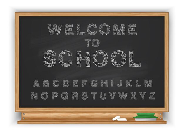 Composición de alfabeto realista de pizarra de pizarra escolar con vista aislada de marco de madera e ilustración de vector de texto escrito editable